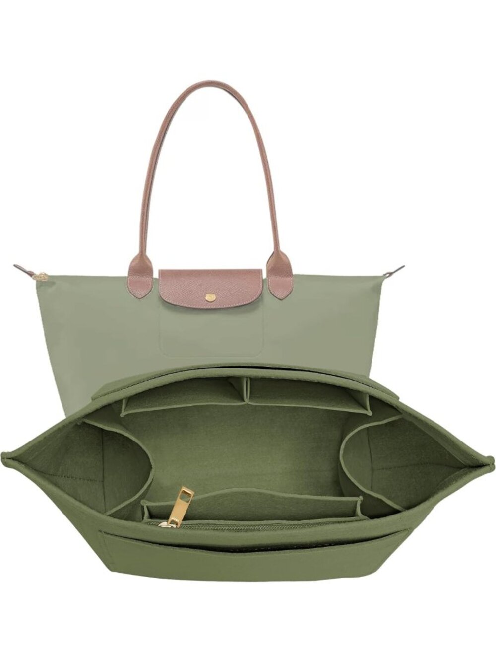 Medium Felt Purse Organizer Insert for Long Tote Bags - Green Cup Holder
